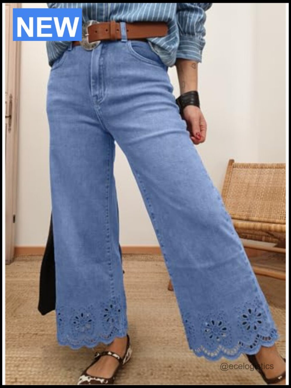 Wide Leg Embroidered Jeans High Waisted Stretchy Straight Leg Loose Fit Ankle - Picture 3 of 7